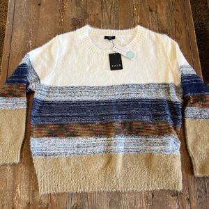 NWT FATE Women’s XL Fuzzy Colorblock Striped Sweater Stretch Fit Cream Blue